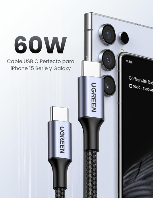 Cable USB C a Tipo C Ugreen 60W Reversible con Nylón de 2m Negro