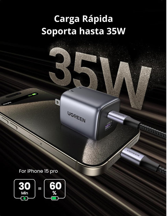 Cargador 2 en 1 de 35W Ugreen Nexode 1 Usb-C, 1 Usb-A de Carga Rápida