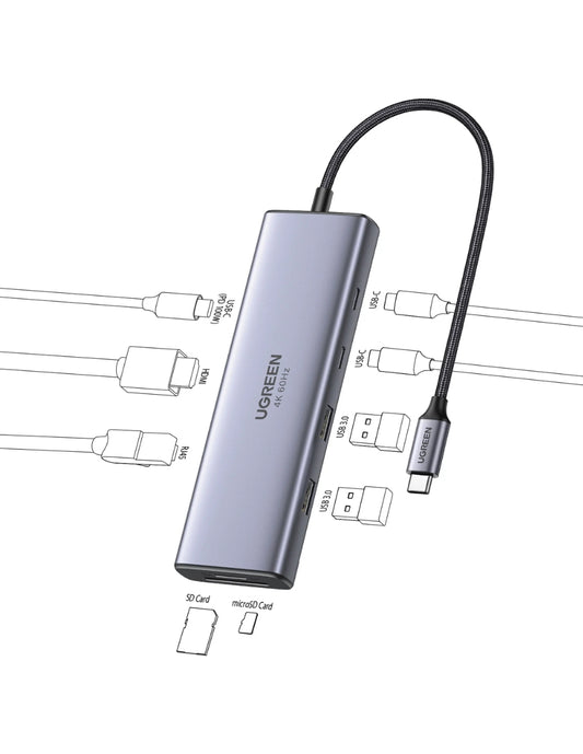 HUB 9 en 1 UGREEN 2 USB-A, 3 USB-C, 1 HDMI 4K/60hz, SD/TFT y Ethernet