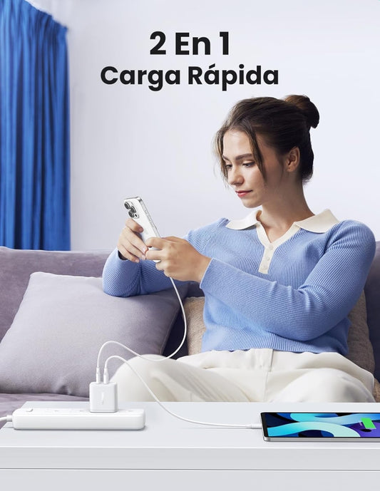 Cargador 2 en 1 Ugreen Carga Rápida 20W Blanco 1 USB C, 1 USB A