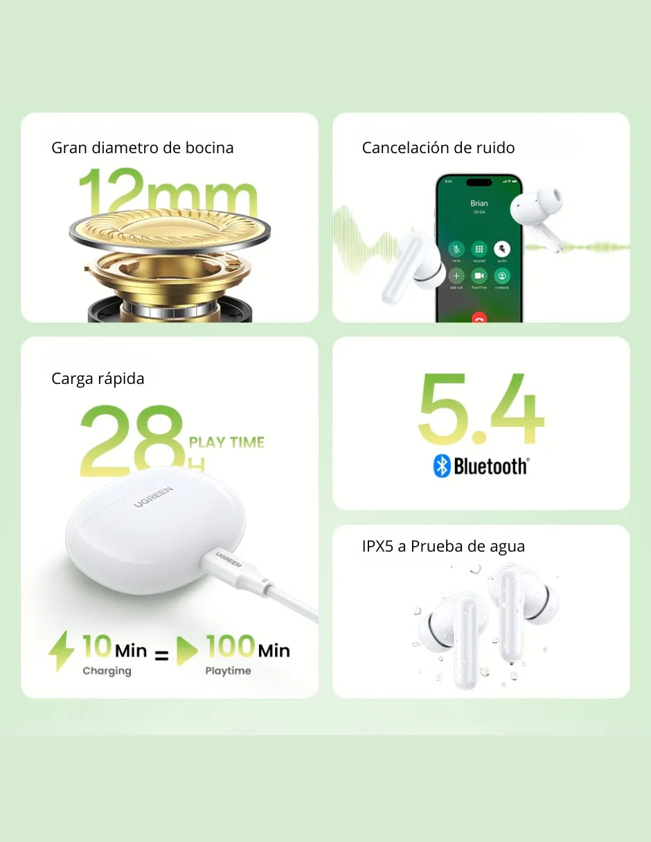 Audífonos Inalámbricos HiTune P3 UGREEN Bluetooth 5.3 Earbuds Blanco