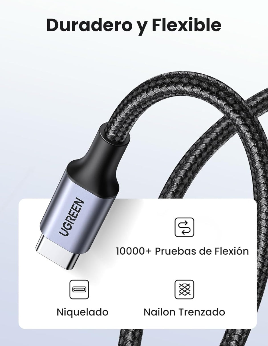 Cable USB C a Tipo C Ugreen 60W Reversible con Nylón de 2m Negro