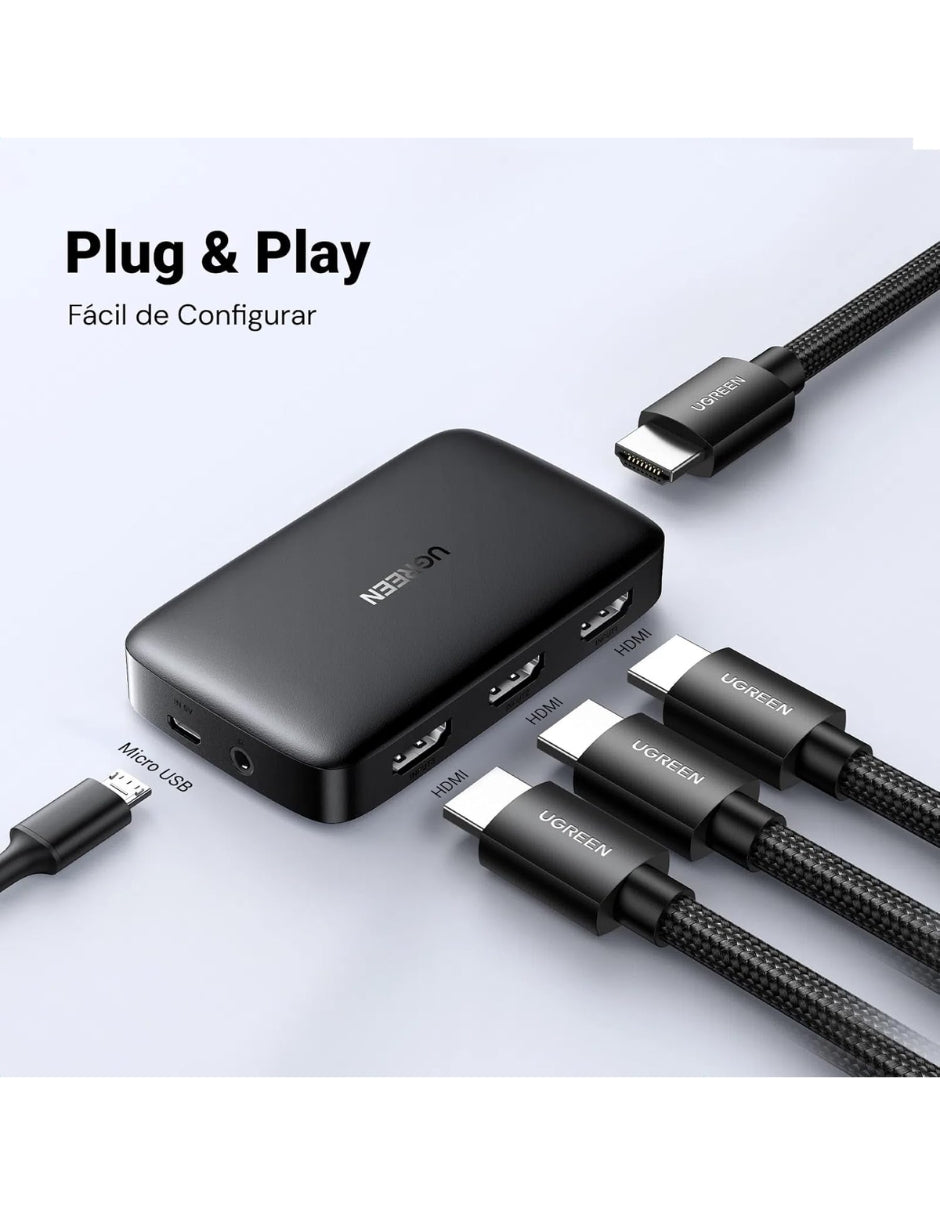 Conmutador HDMI Ugreen Switch 4K@30Hz 3 Entradas y Control Remoto