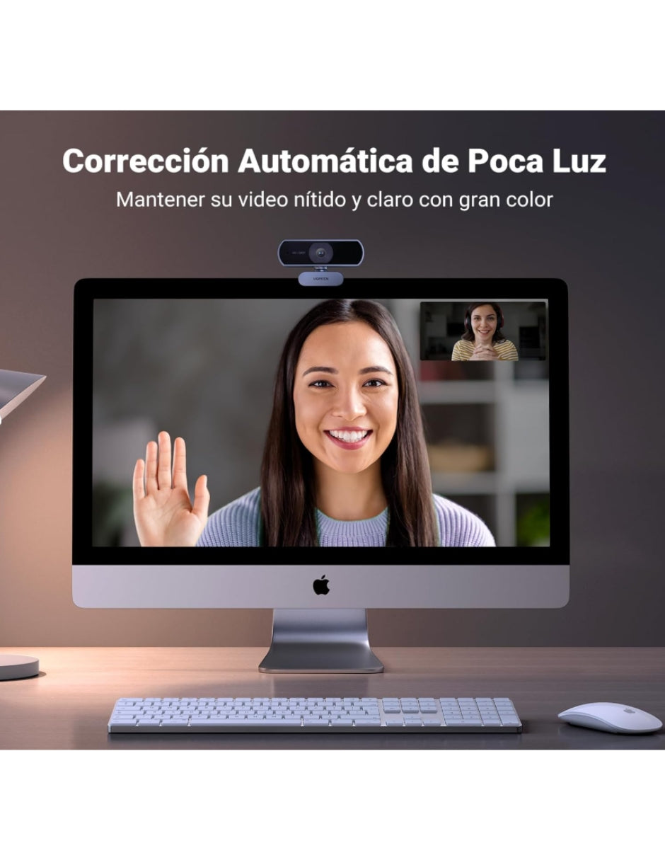 Webcam UGREEN Full HD 1080P con Micrófono Dual, Corrección de Luz Automática, Ángulo 85° y Rotación 360°