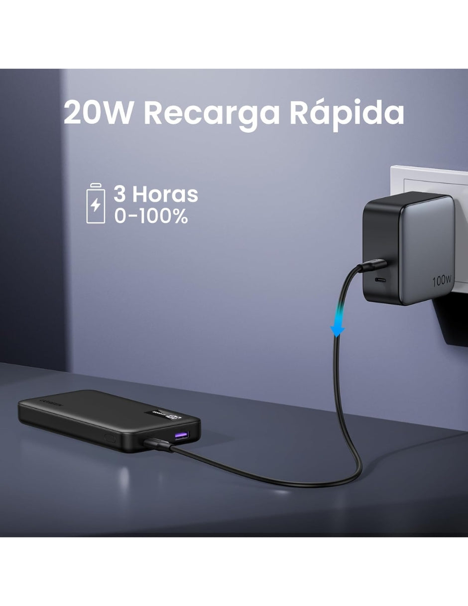 Power Bank Ugreen 10,000mAh USB C 20W con Pantalla LED Negro