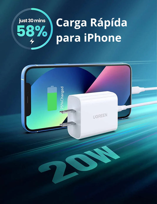 Cargador Tipo C de 20W Ugreen Carga Rápida color blanco
