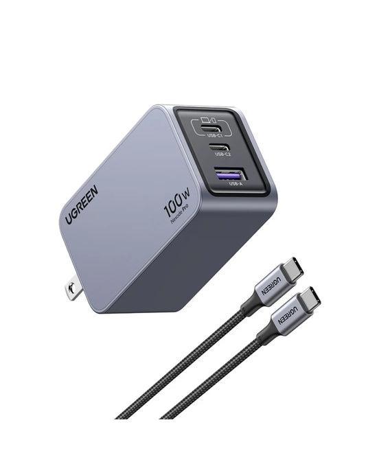 Cargador Ugreen Nexode Pro 2 Usb-C, 1 Usb-A 100W con Cable USB-C 1.5m