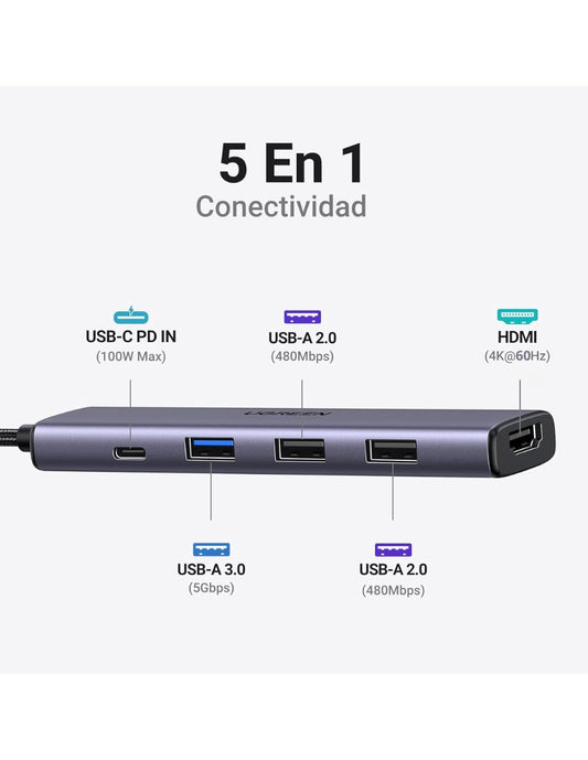 HUB USB-C 5 en 1 UGREEN 3 USB-A, 1 USB-C y HDMI 4K/60hz 5Gbps