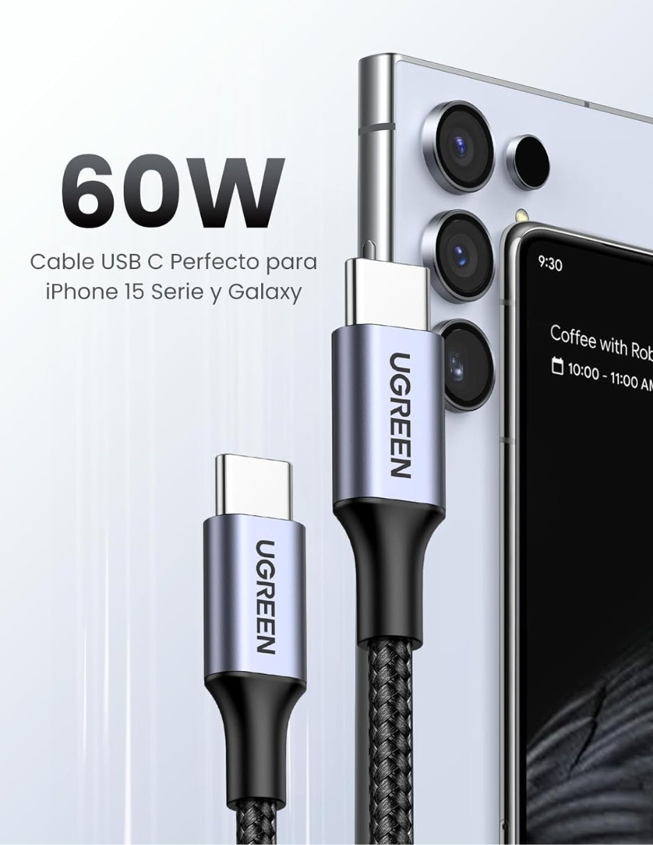 Cable USB C a Tipo C Ugreen 60W Reversible con Nylón de 2m Negro