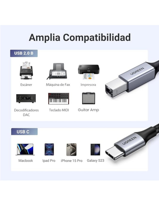 Cable de Impresora UGREEN USB-C a USB-B 2.0 (2 Metros) con Thunderbolt 3/4