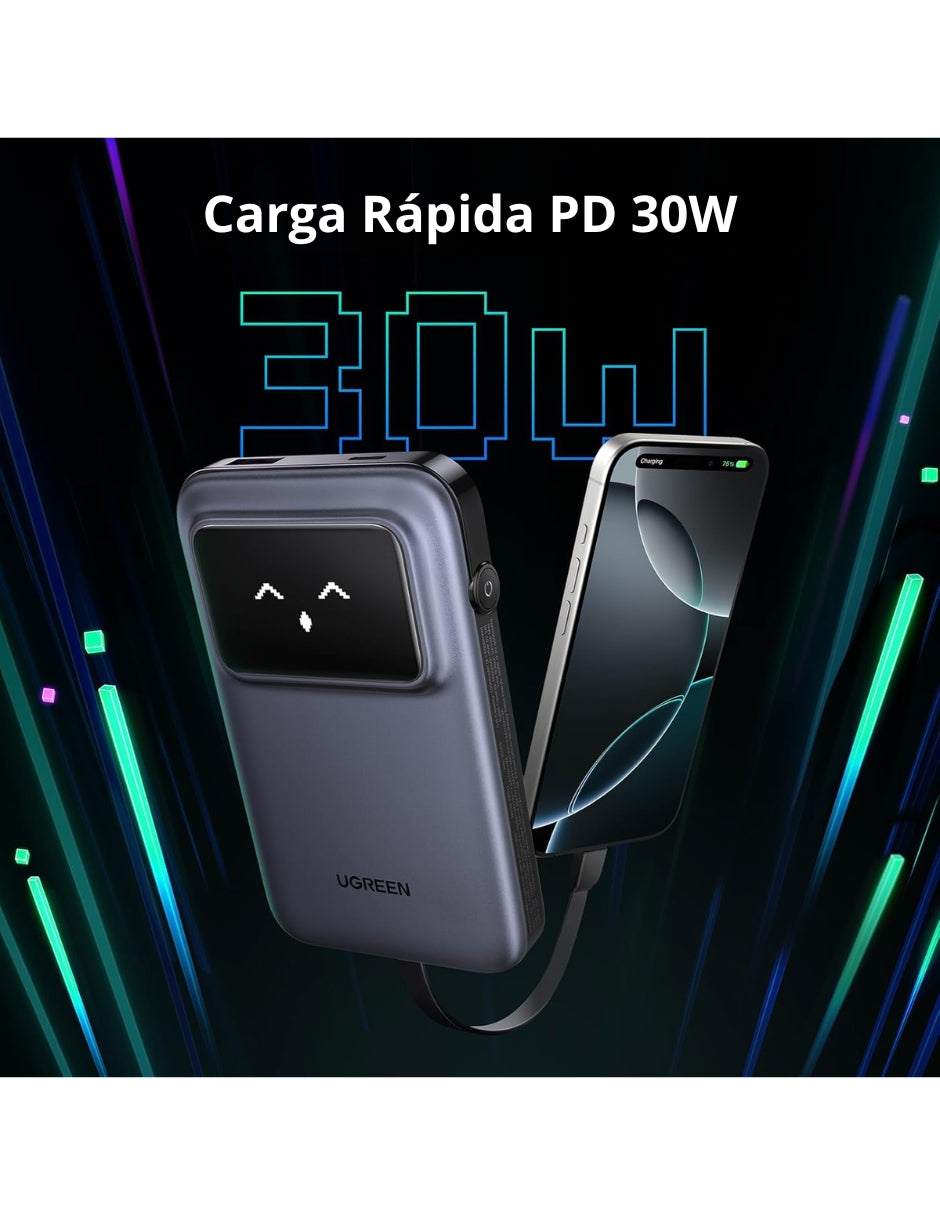 Power Bank Robot Ugreen 10,000mAh USB C 30W Pantalla TFT Gris