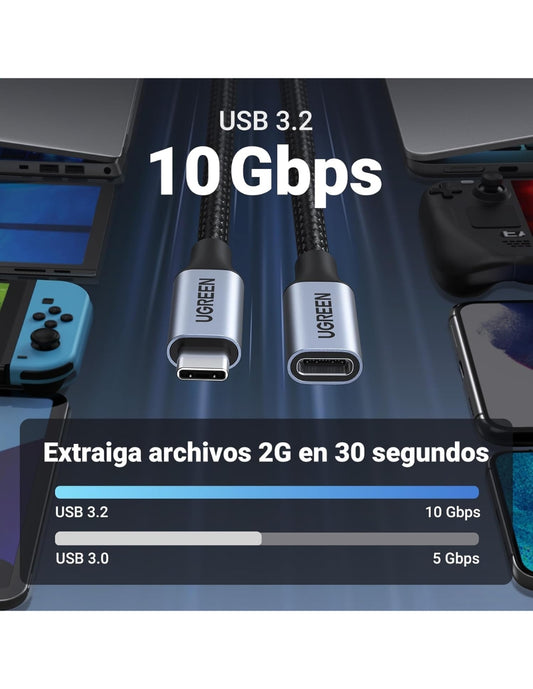 Cable Extensión USB C UGREEN 30205 1m 100W Carga Rápida 10Gbps 4K