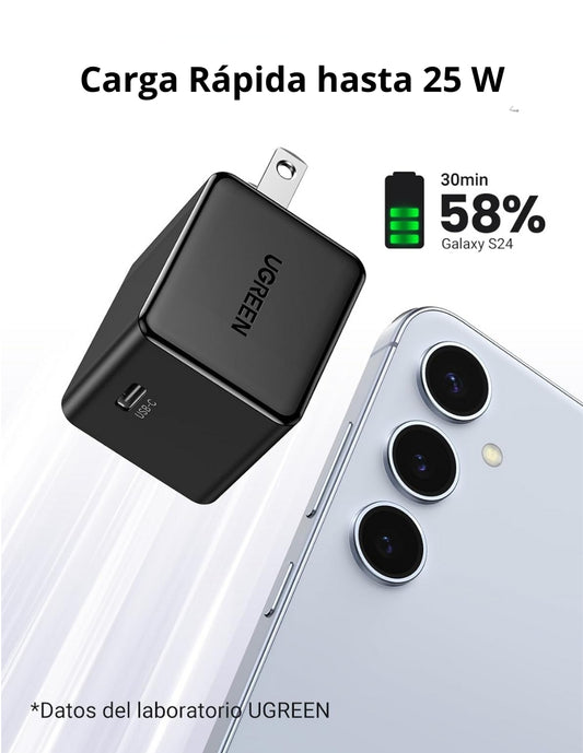 Cargador Tipo C de 25W Ugreen Carga Rápida con Cable USB C color negro