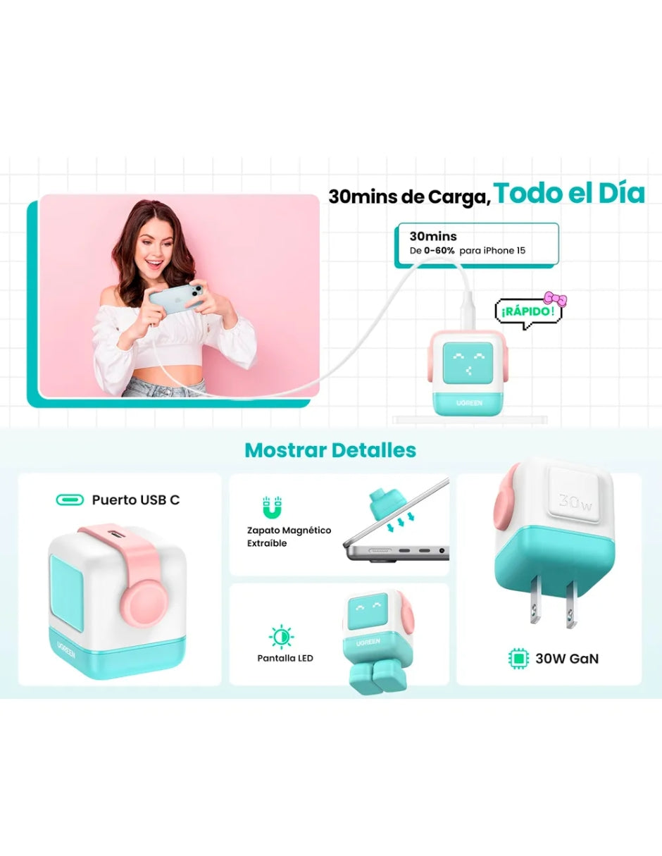 Cargador Pared Ugreen 45089 Robot Nexode Mini 30W Usb-C Gan