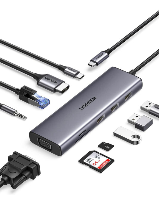 HUB 10 en 1 UGREEN 3 USB-A, 1 USB-C, 1 HDMI 4K/60hz, SD/TFT, Ethernet, VGA y Jack 3.5