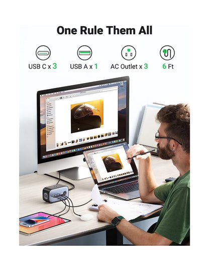 Multicontacto Ugreen De Escritorio 100W GaN 7 En 1, 3 AC Y 4 USB