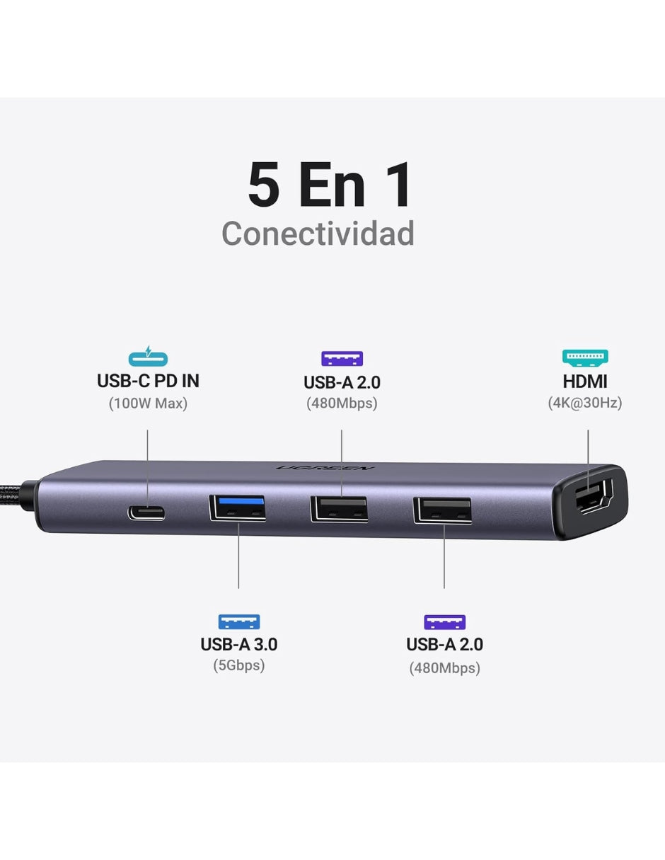 HUB USB-C 5 en 1 UGREEN 3 USB-A, 1 USB-C y HDMI 4K/30hz 5Gbps