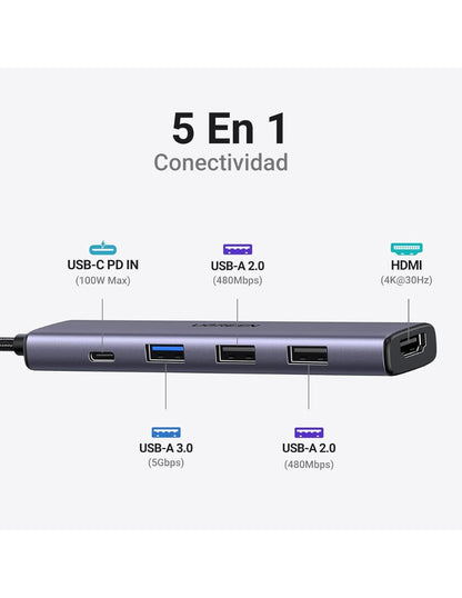 HUB USB-C 5 en 1 UGREEN 3 USB-A, 1 USB-C y HDMI 4K/30hz 5Gbps