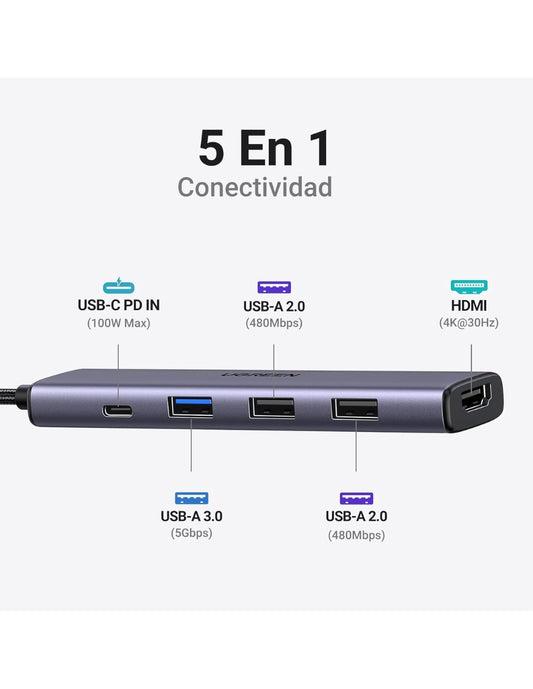 HUB USB-C 5 en 1 UGREEN 3 USB-A, 1 USB-C y HDMI 4K/30hz 5Gbps
