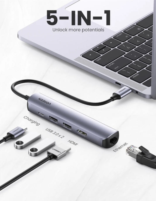 UGREEN HUB 5 EN 1 TIPO C A USB 3.0, USB C, HDMI Y LECTOR DE MEMORIA