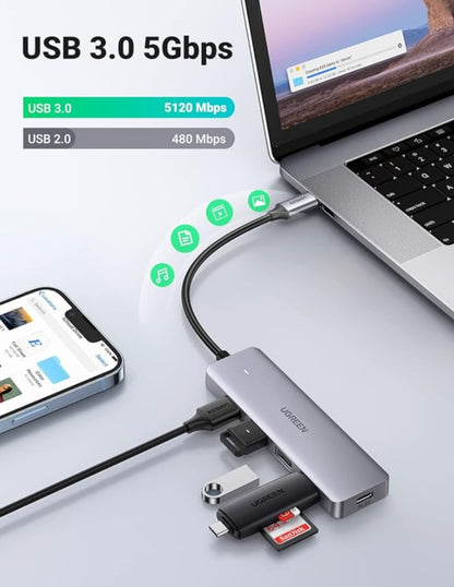 HUB 4 en 1 Ugreen Tipo C a USB 3.0 5Gbps Gris