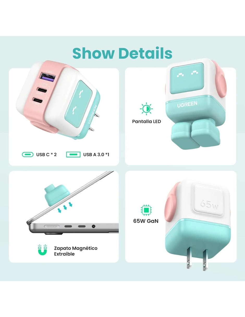 Cargador Ugreen 65W RobotGaN 2 Puertos USB C y 1 A Carga Rápida