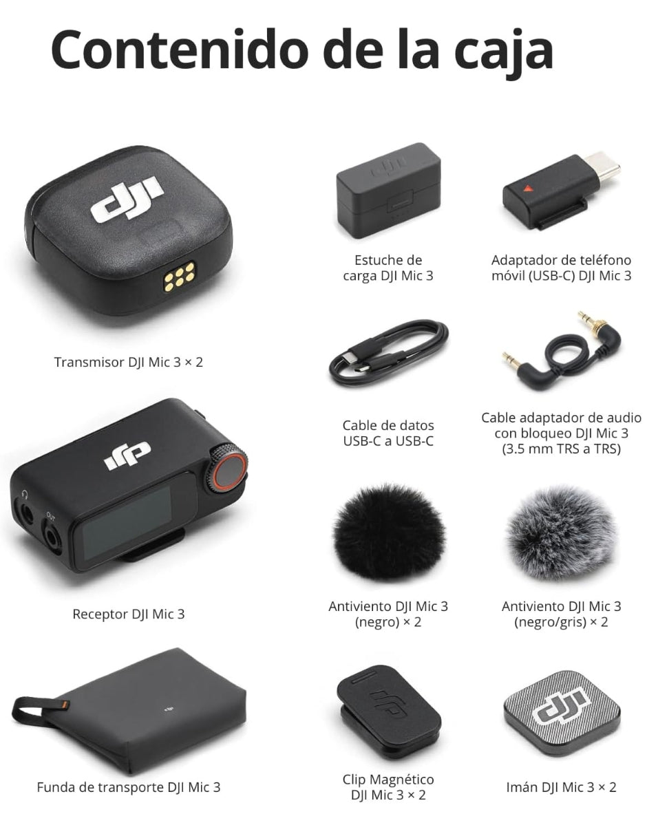 Micrófono Dji Mic 3, estándar (2 Tx + 1 Rx + funda de carga), color negro