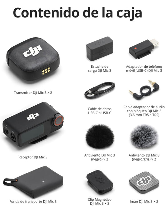 Micrófono Dji Mic 3, estándar (2 Tx + 1 Rx + funda de carga), color negro
