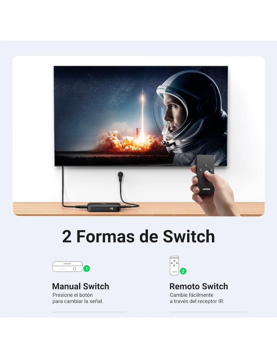 Conmutador HDMI Ugreen Switch 4K@30Hz 3 Entradas y Control Remoto