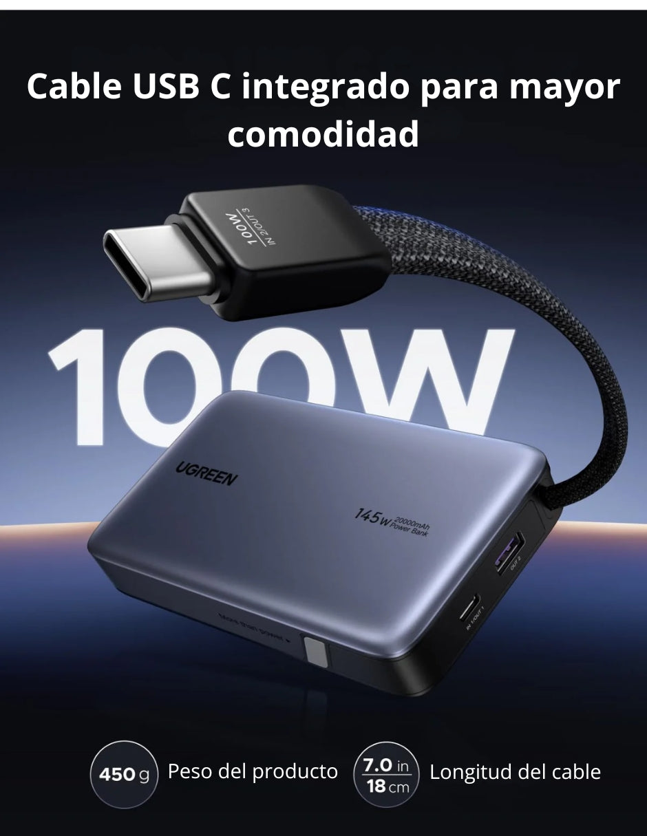 Power Bank Ugreen de 20000mAh y 145W con Cable USB-C Integrado para MacBook y iPhone