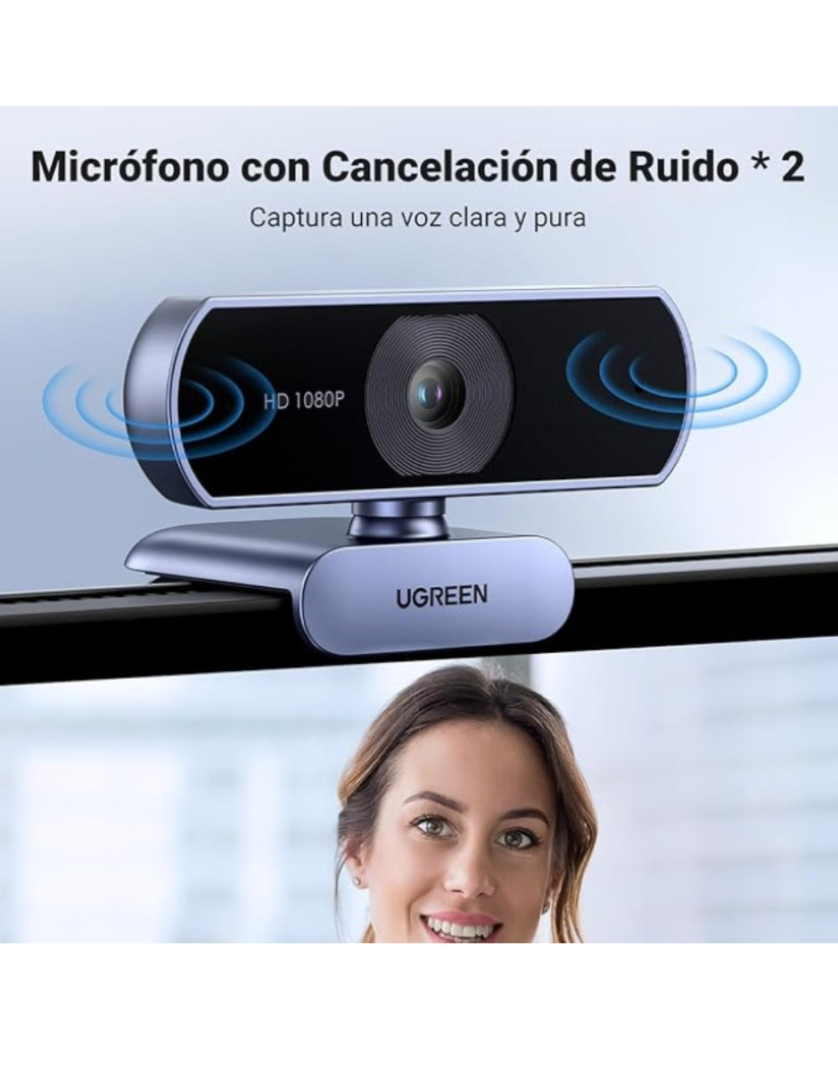 Webcam UGREEN Full HD 1080P con Micrófono Dual, Corrección de Luz Automática, Ángulo 85° y Rotación 360°