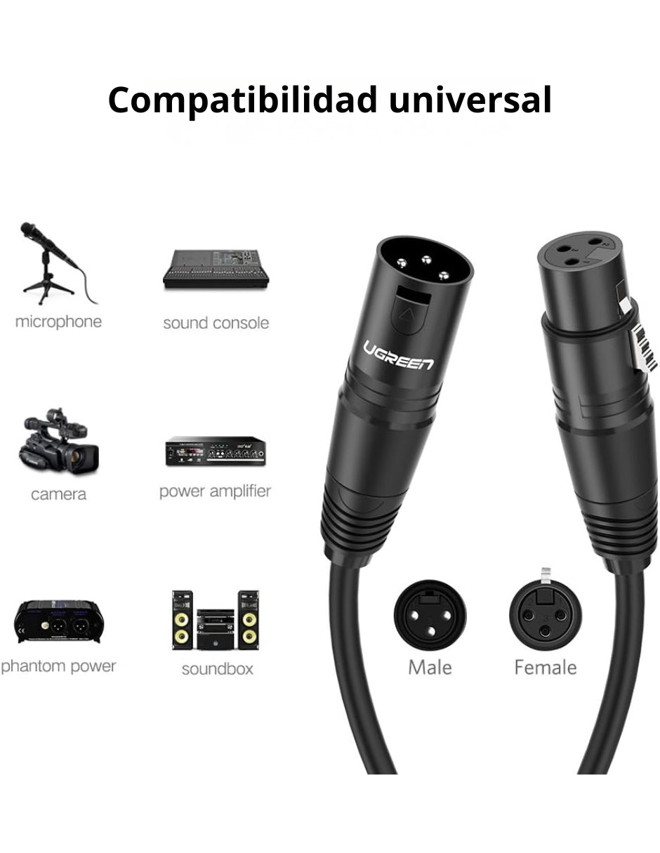 Cable Micrófono XLR Macho Hembra 5m Ugreen 20712 Canon Profesional