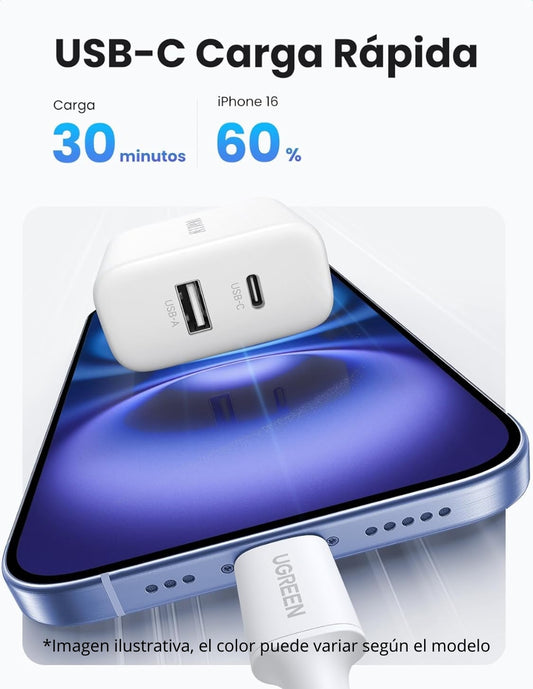 Cargador 2 en 1 Ugreen Carga Rápida 20W Negro 1 USB C, 1 USB A