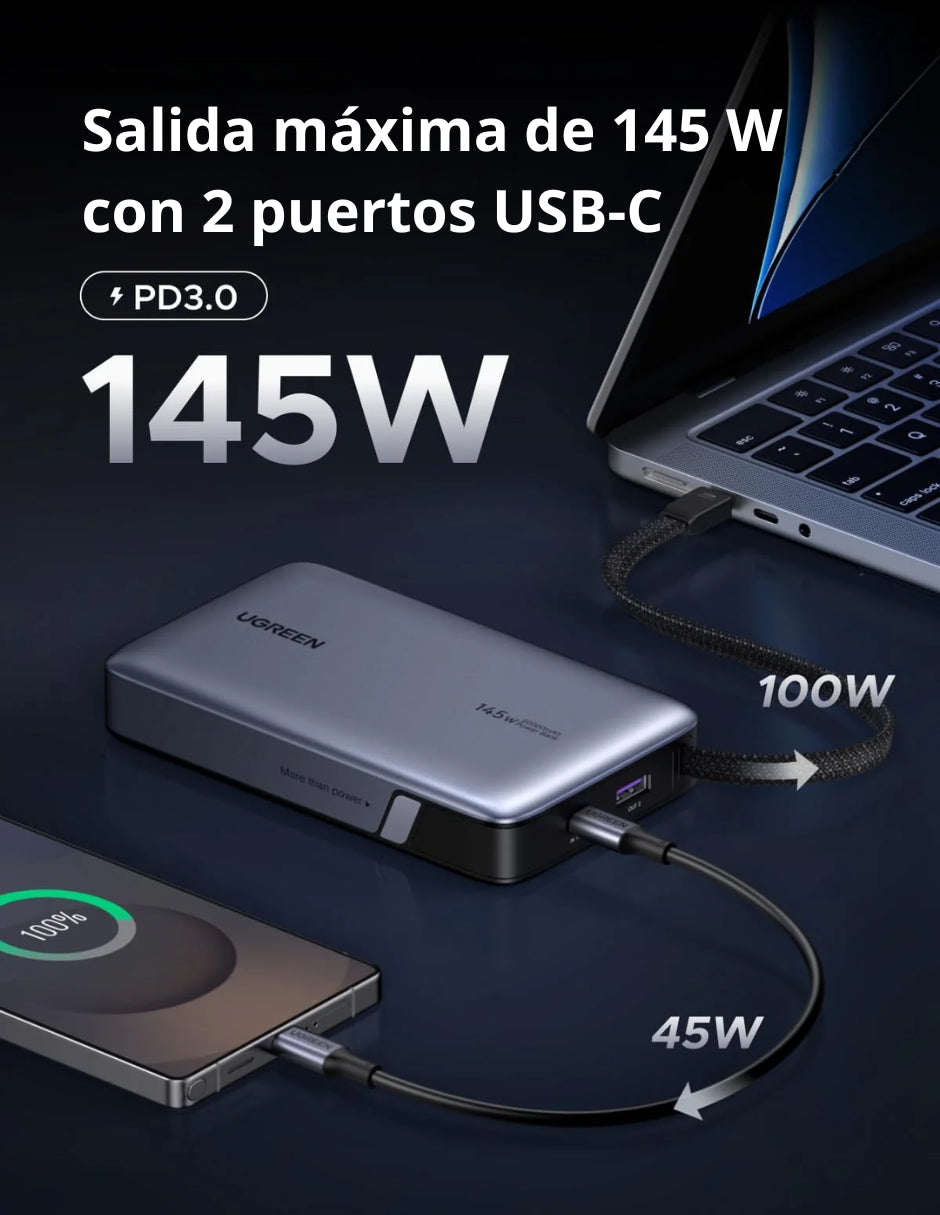 Power Bank Ugreen de 20000mAh y 145W con Cable USB-C Integrado para MacBook y iPhone