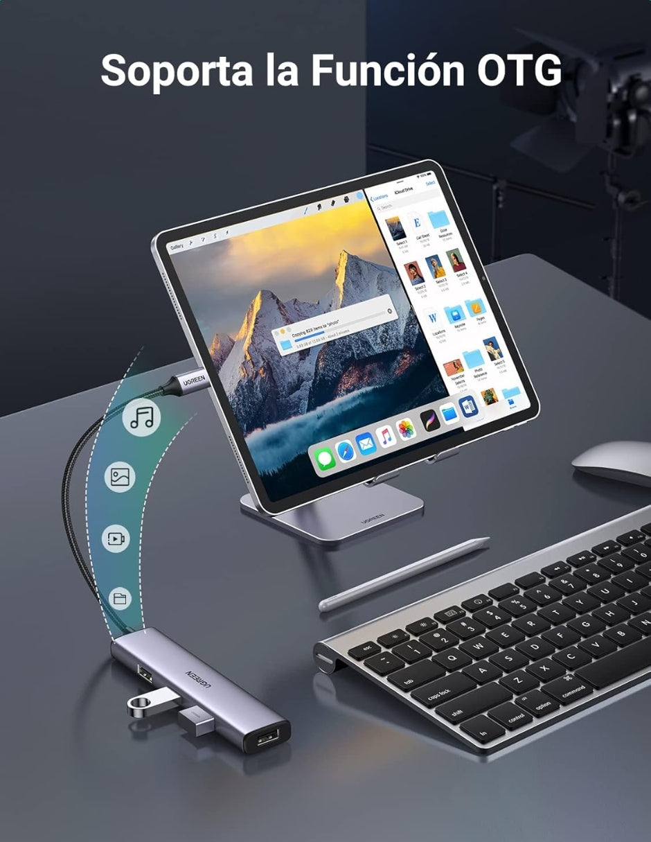 HUB USB-C 4 en 1 UGREEN CM473 USB-A 3.0 5Gbps + 1 soporte USB C