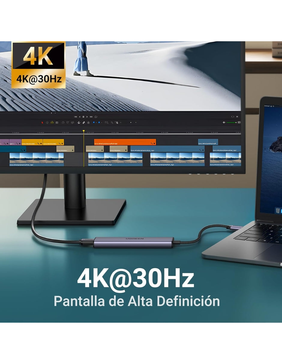 HUB USB-C 5 en 1 UGREEN 3 USB-A, 1 USB-C y HDMI 4K/30hz 5Gbps