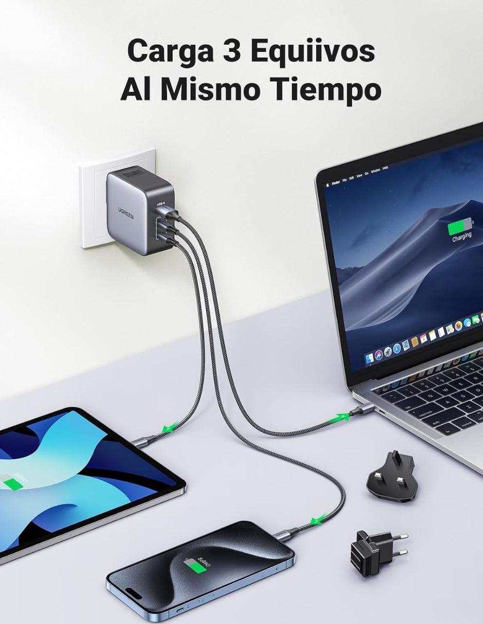Cargador de viaje Ugreen Nexode 3 Puertos 65W UK/USA/EU