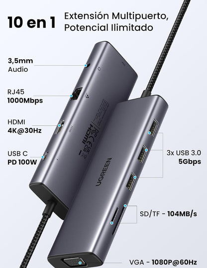 HUB 10 en 1 UGREEN 3 USB-A, 1 USB-C, 1 HDMI 4K/60hz, SD/TFT, Ethernet, VGA y Jack 3.5