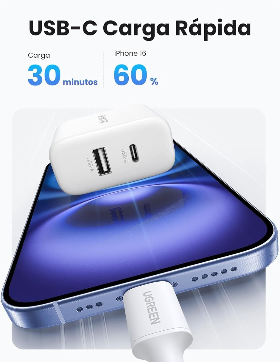 Cargador 2 en 1 Ugreen Carga Rápida 20W Blanco 1 USB C, 1 USB A
