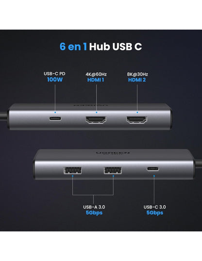 HUB USB-C 6 en 1 UGREEN 2 USB-A, 2 USB-C, 2 HDMI 4K/60hz