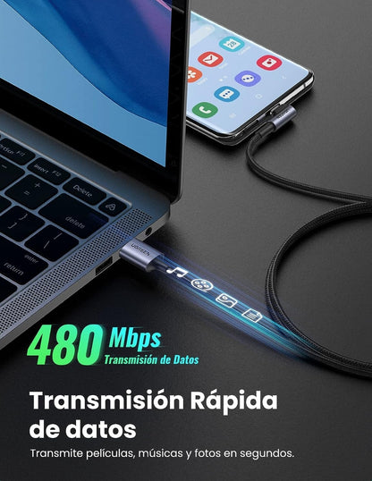 Cable Usb C 90 Grados 2m Ugreen 18W Carga Rápida Gris