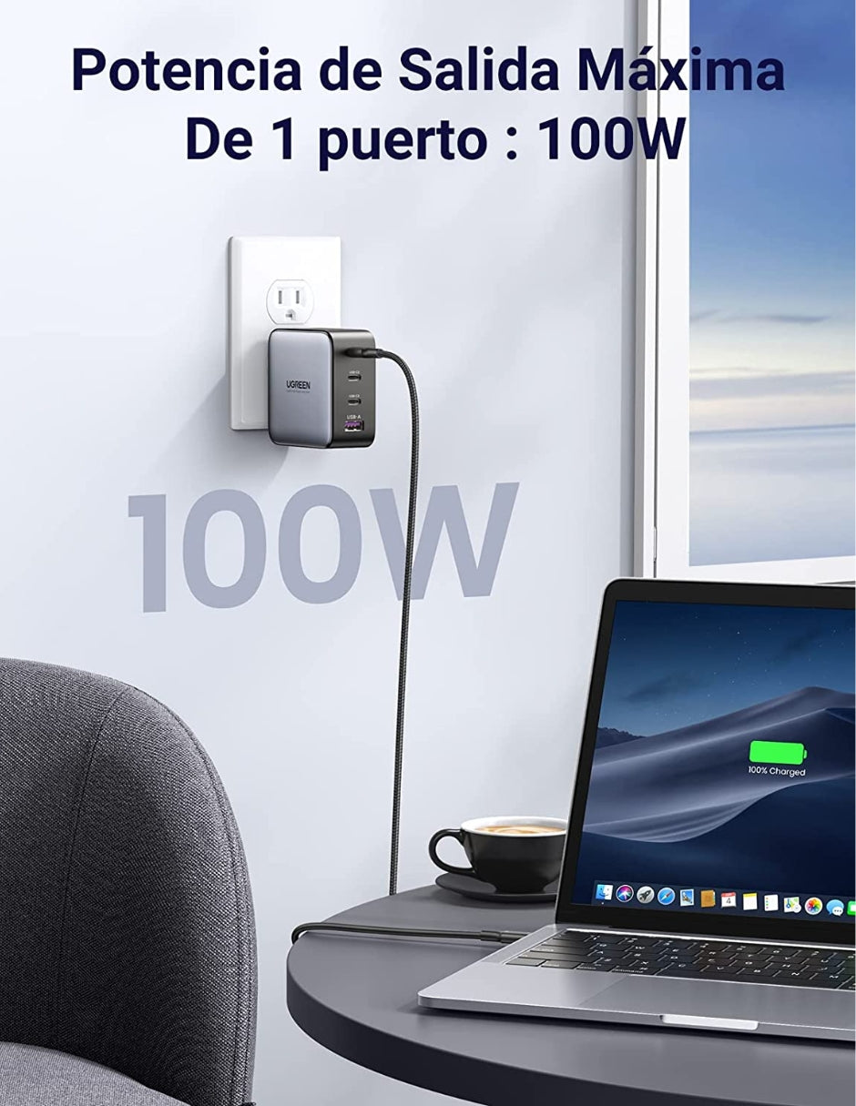 Cargador 4 Puertos Ugreen GaN 100W Carga Rápida