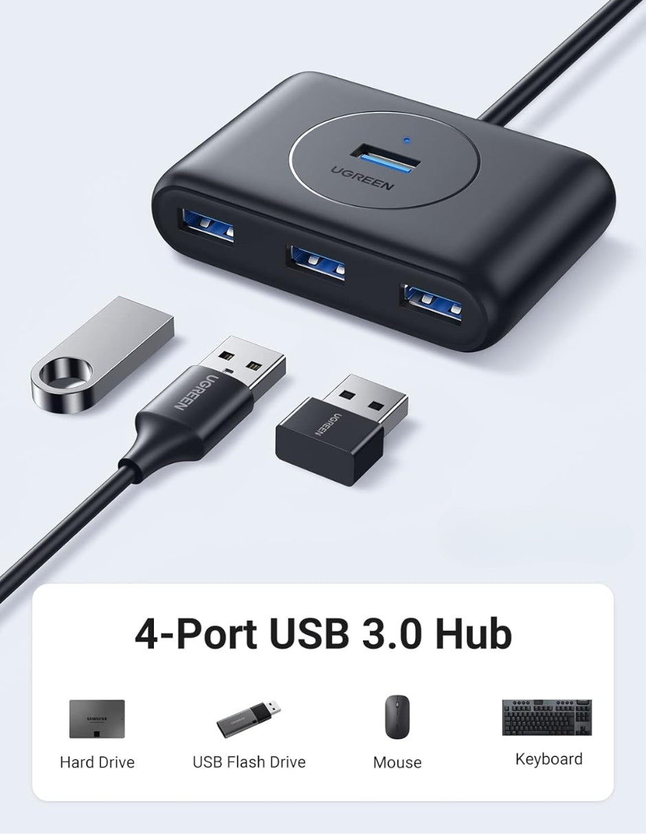 Hub 4 en 1 USB A Ugreen 20291 color Negro 4x USB 3.0 Transferencia 5 Gbps Led