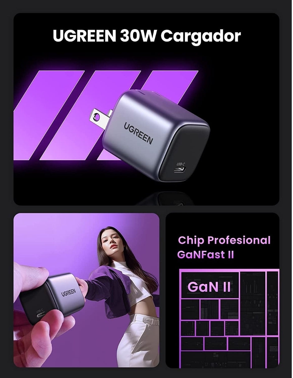 Mini Cargador UGREEN Nexode USB C 30W GAN Cargador Tipo C Gris