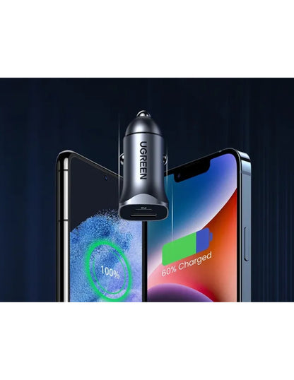 Cargador Auto Ugreen 30780 24W Usb-C PD Y Usb-A QC 3.0 Aluminio