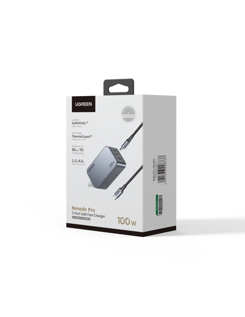 Cargador Ugreen Nexode Pro 2 Usb-C, 1 Usb-A 100W con Cable USB-C 1.5m