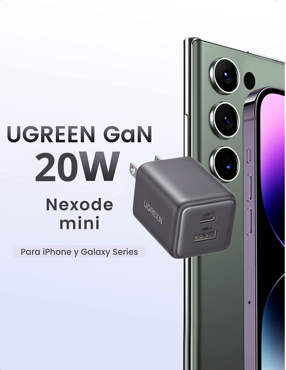 Cargador de pared UGREEN 20W GAN Tipo C Y Usb Rapido