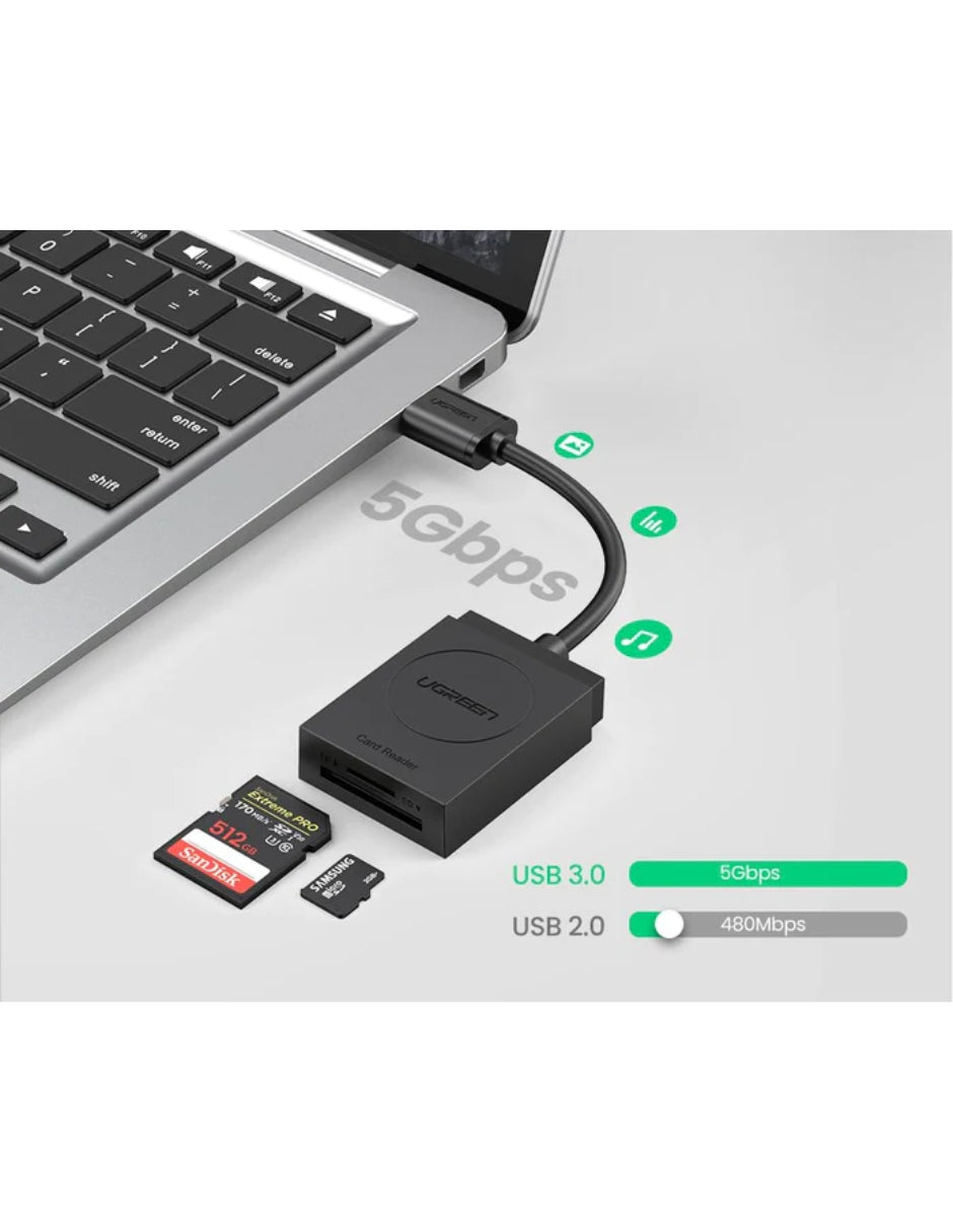 Lector de Tarjetas Ugreen 2 en 1, USB 3.0 a TF, SD y Micro SD Negro