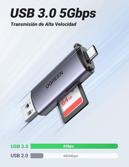 Lector de Tarjeta Ugreen USB C a USB-A OTG 5Gbps Gris