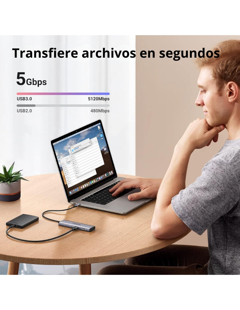 HUB USB-C 4 en 1 CM473 UGREEN 2 USB-A 3.0 y 2 USB-C 5Gbps